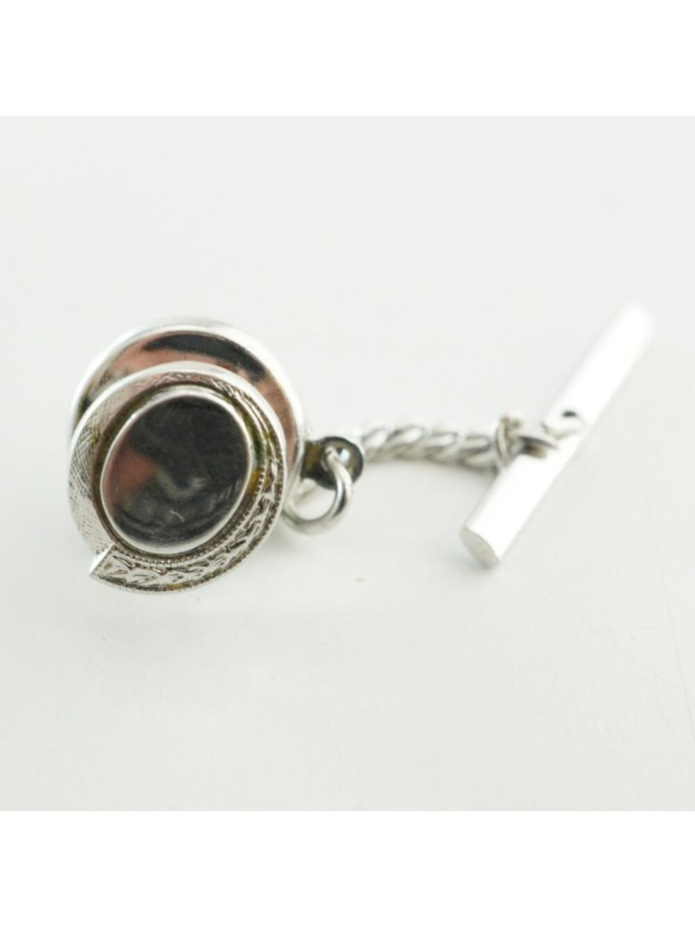 Vintage Silver Tone Oval Tie Chain Tie Tack T Bar Back Minimalist Design